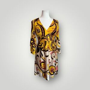 Betsey Johnson Sz‎ 0 Vintage Yellow & Peach Retro Floral Empire Tied Waist Dress